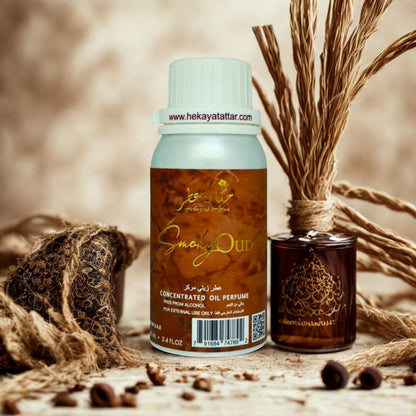 Smoky Oud 100 ML OIL PERFUME by Hekayat Attar Bottle with luxury background