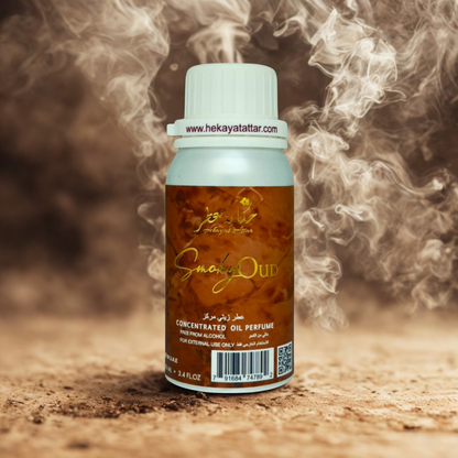 Smoky Oud 100 ML OIL PERFUME by Hekayat Attar Bottle with luxury background