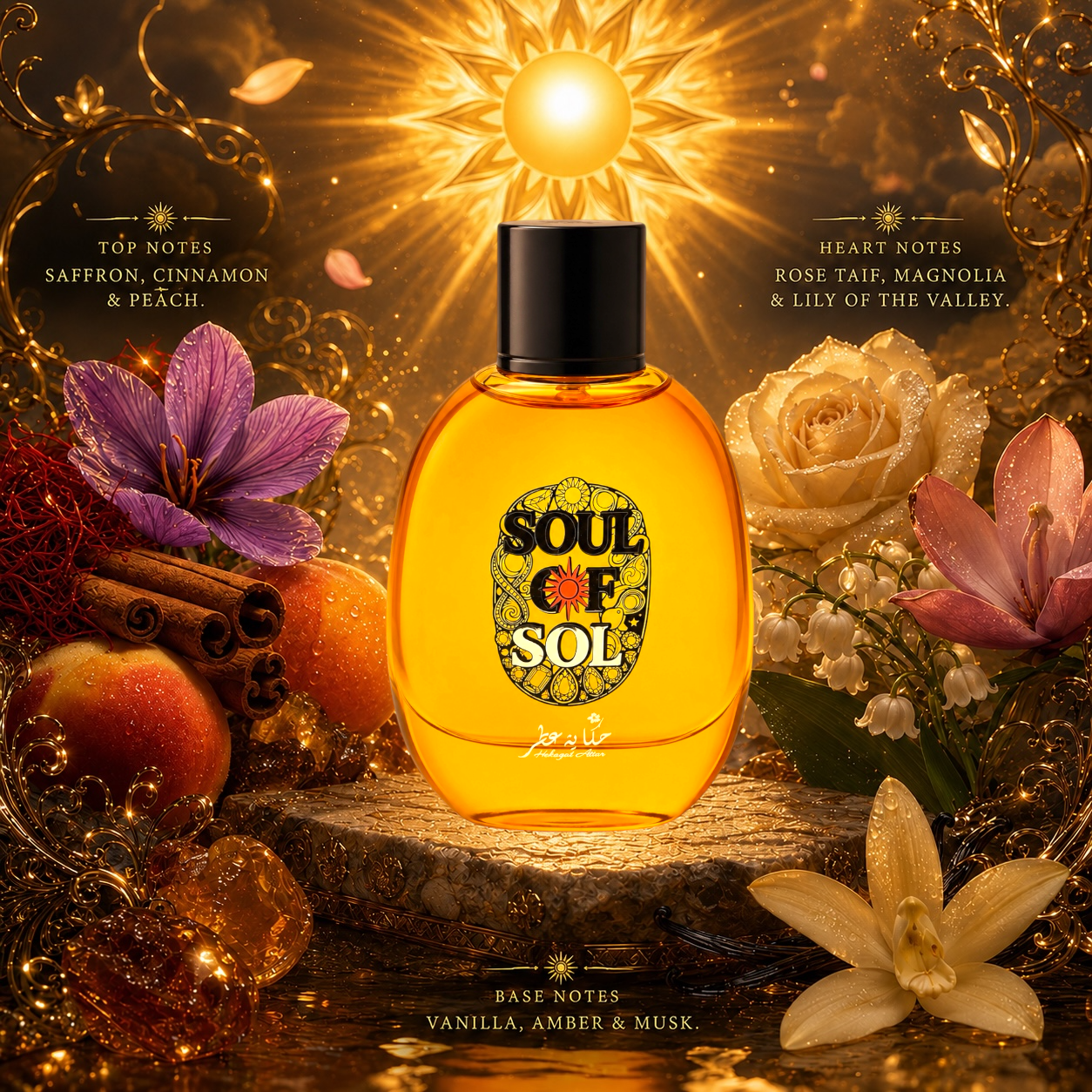 A bottle of Hekayat Attar Soul of Sol perfume centered on a stone surface, surrounded by flowers, cinnamon sticks, peaches, and glowing golden sparkles. The bottle is amber-yellow with a black cap and a decorative label reading 'SOUL OF SOL.
