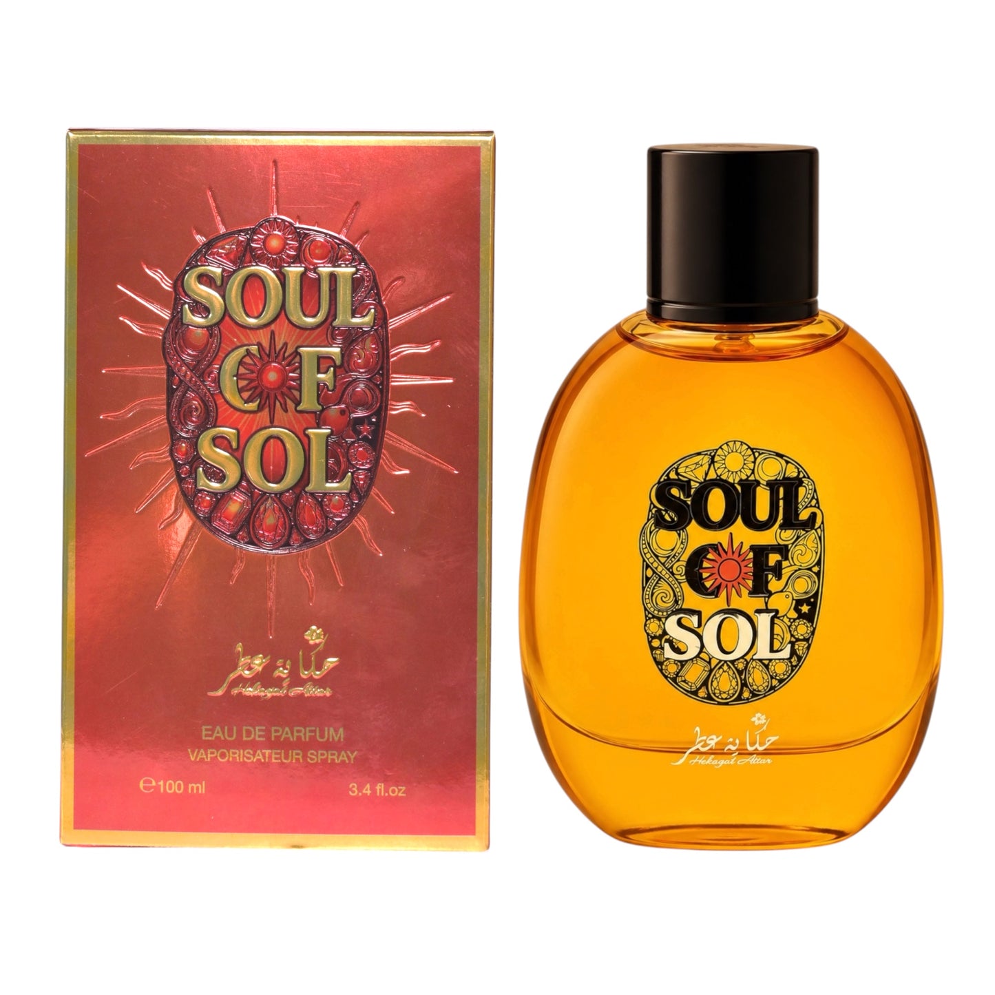 Soul of Sol by Hekayat Attar Eau de Parfum shown with its red and gold box and the amber glass spray bottle on a white background.