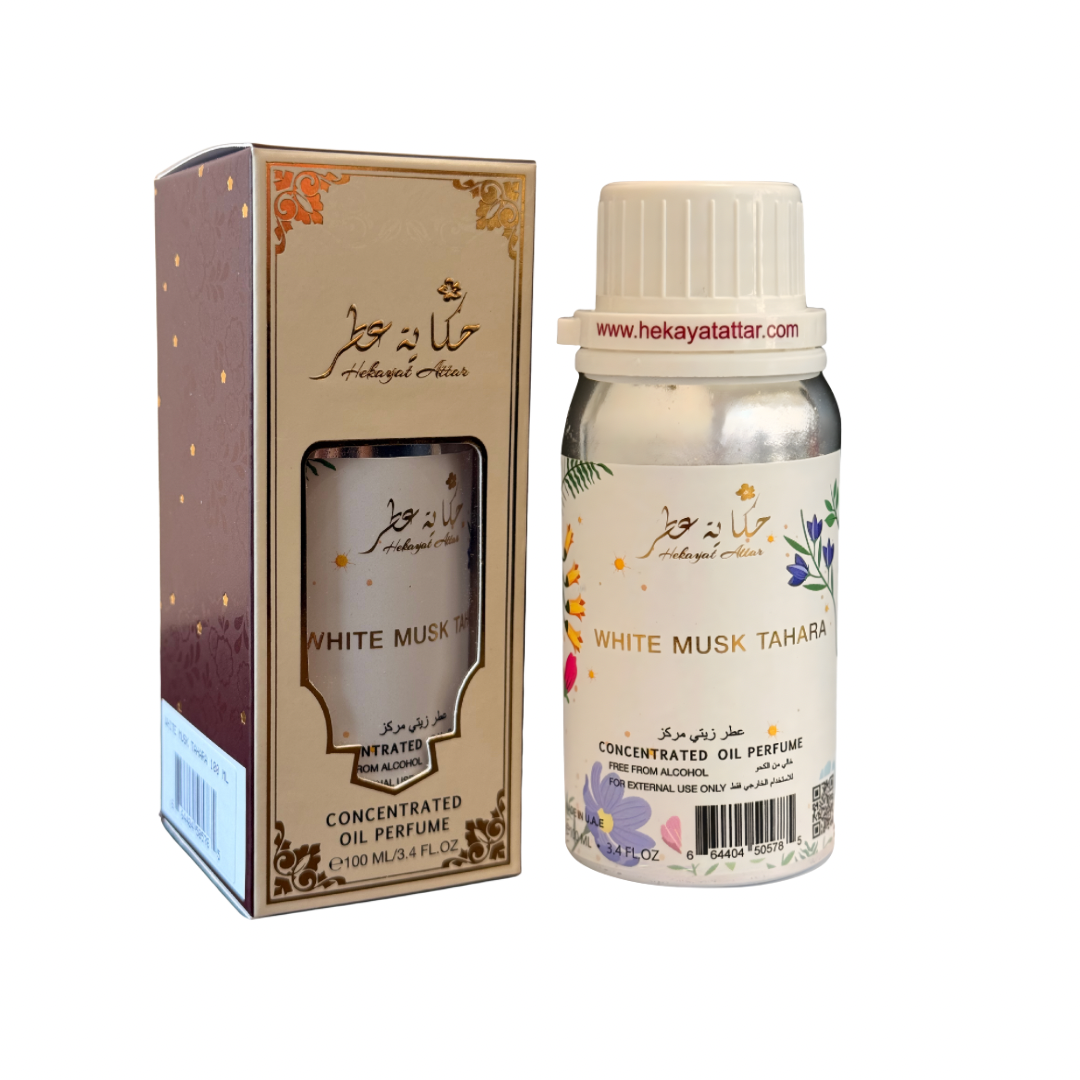 White Musk Tahara by Hekayat Attar bottle with packaging on a white background