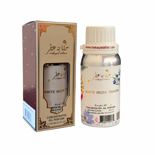 White Musk Tahara by Hekayat Attar bottle with packaging on a white background
