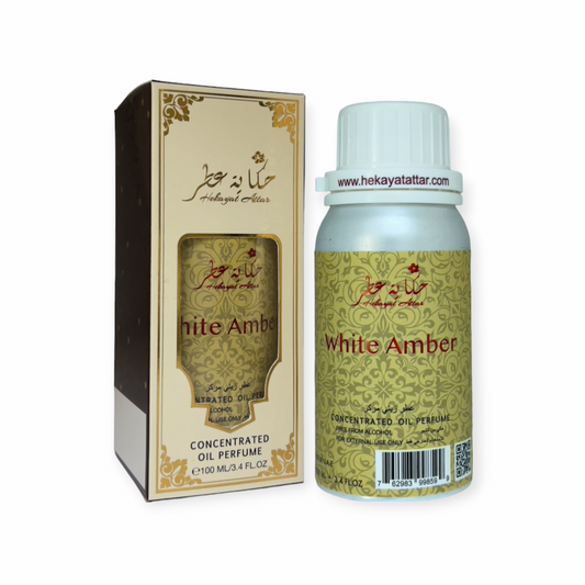 WHITE AMBER by hekayat Attar bottle with packaging on a white background