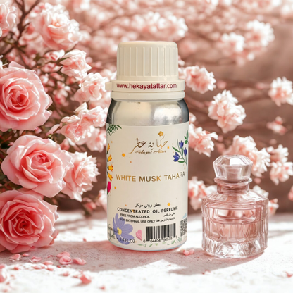 White Musk Tahara by Hekayat Attar bottle with luxury background