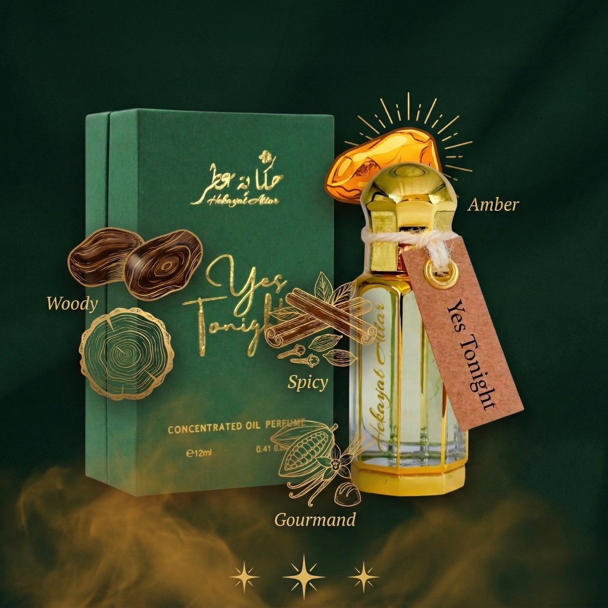 Yes tonight by Hekayat Attar bottle with packaging with a luxury background with notes