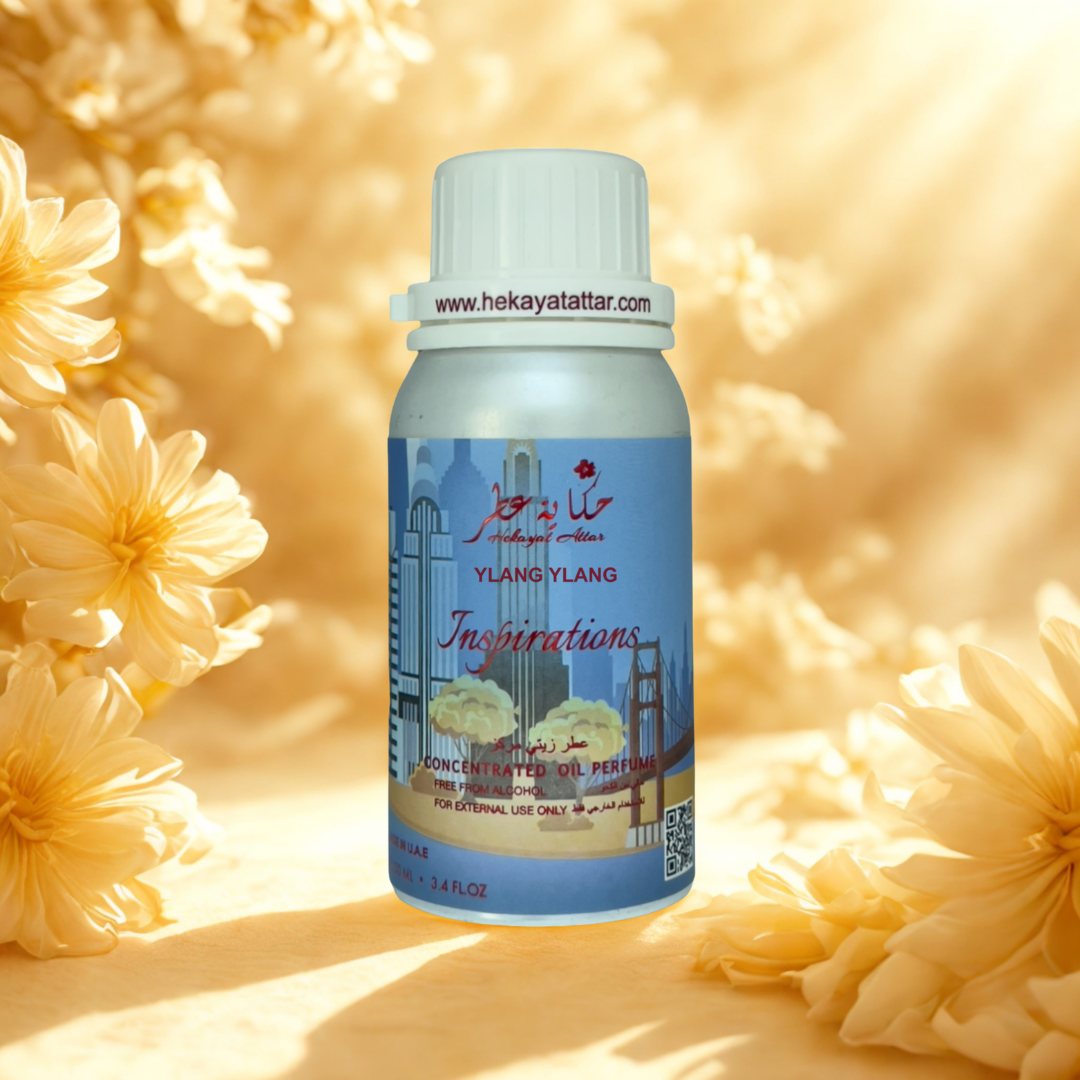 Ylang Ylang oil perfume by Hekayat Attar bottle with luxury background