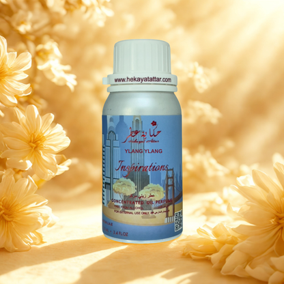 Ylang Ylang oil perfume by Hekayat Attar bottle with luxury background