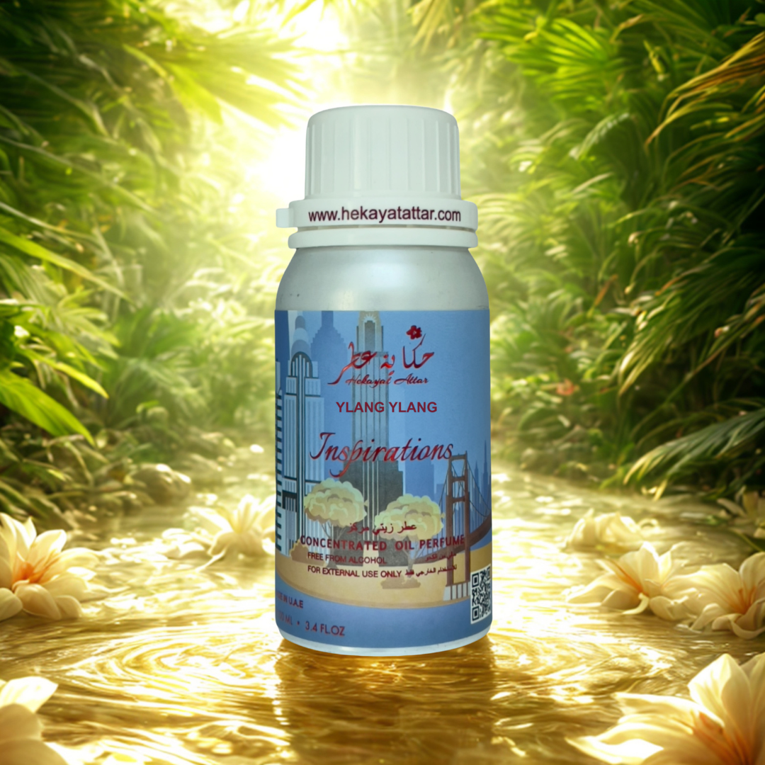 Ylang Ylang oil perfume by Hekayat Attar bottle with luxury background