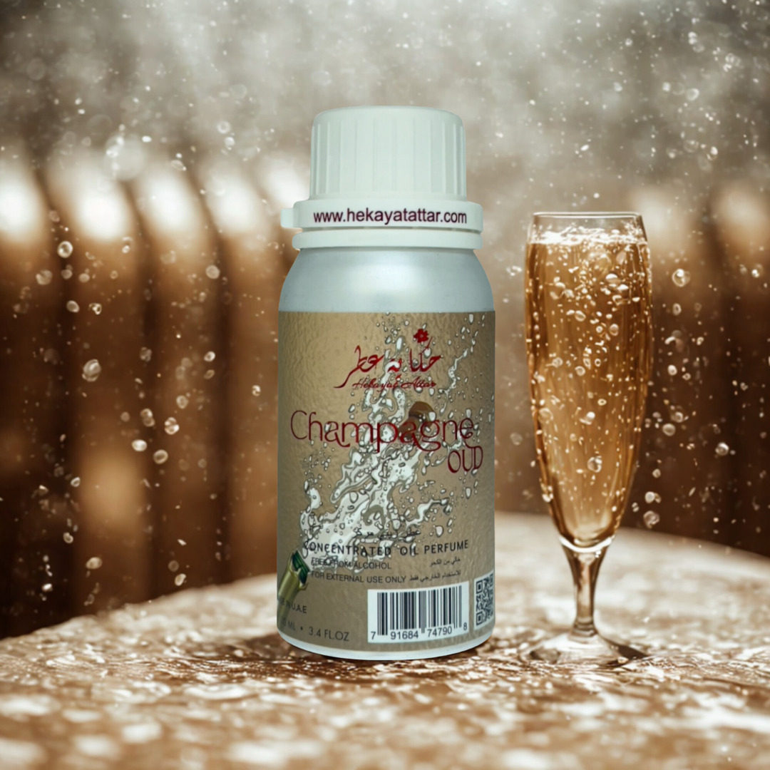 CHAMPAGNE OUD 100 ML OIL PERFUME by Hekayat Attar Bottle with luxury background