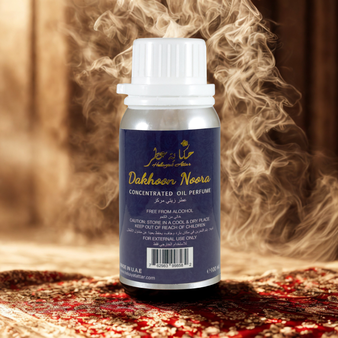 DAKHOON NOORA 100 ML OIL PERFUME by Hekayat Attar Bottle with luxury background
