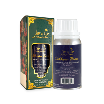 DAKHOON NOORA 100 ML OIL PERFUME by Hekayat Attar Bottle and packaging with white background