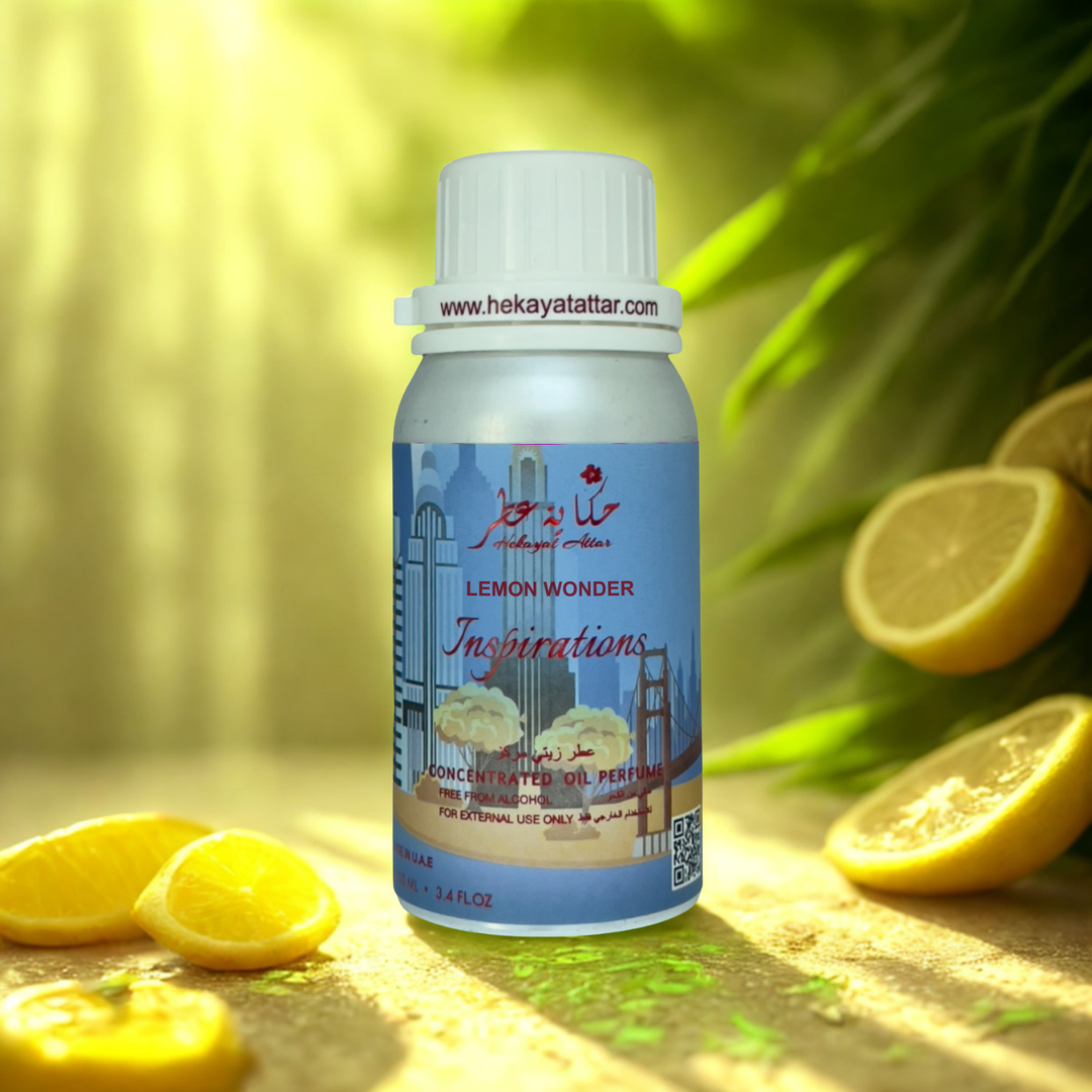 Lemon wonder oil perfume by Hekayat Attar bottle with luxury background