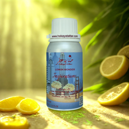 Lemon wonder oil perfume by Hekayat Attar bottle with luxury background