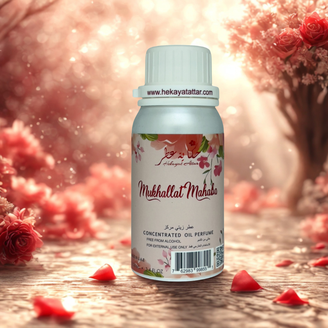Mukhallat Mahaba by hekayat Attar bottle with luxury background