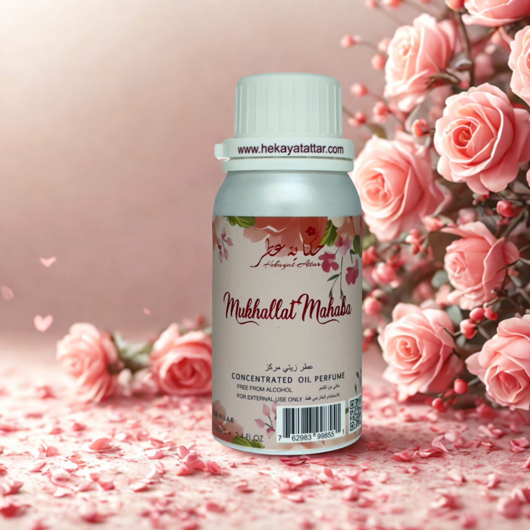 Mukhallat Mahaba by hekayat Attar bottle with luxury background