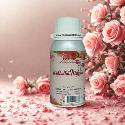 Mukhallat Mahaba by hekayat Attar bottle with luxury background