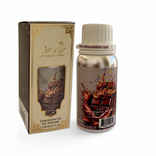Monty Chocolate by Hekayat Attar bottle with packaging on a white background