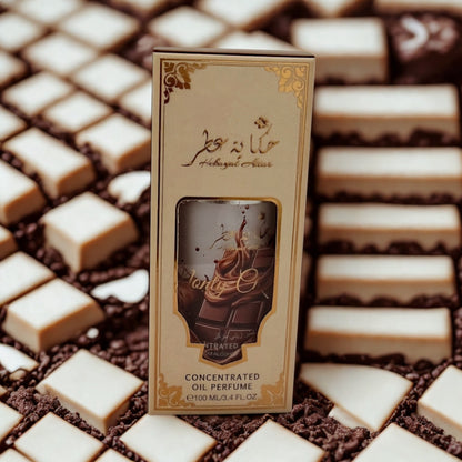 Monty Chocolate by Hekayat Attar bottle with packaging on a luxury background