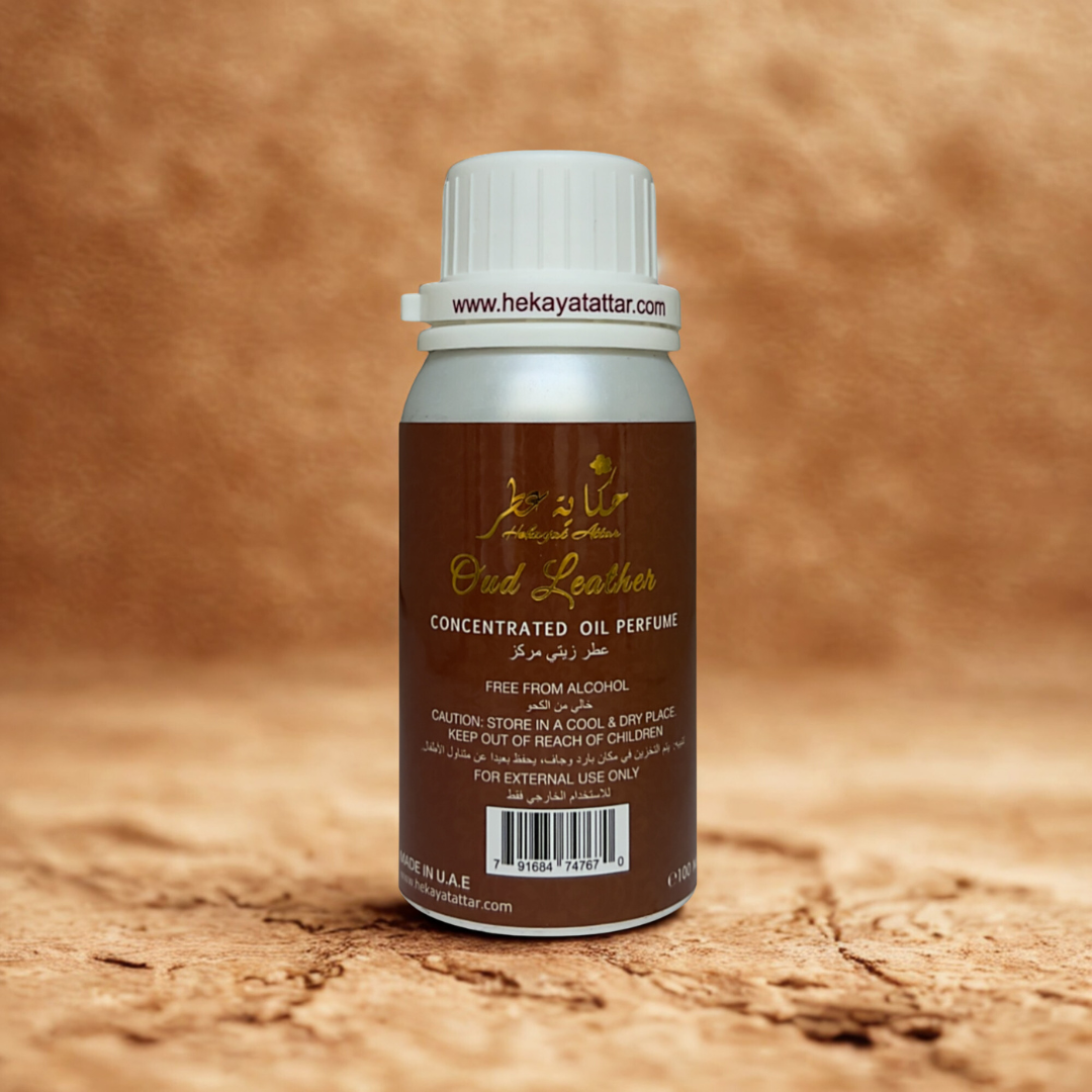 Oud Leather by Hekayat Attar Bottle with Luxury background