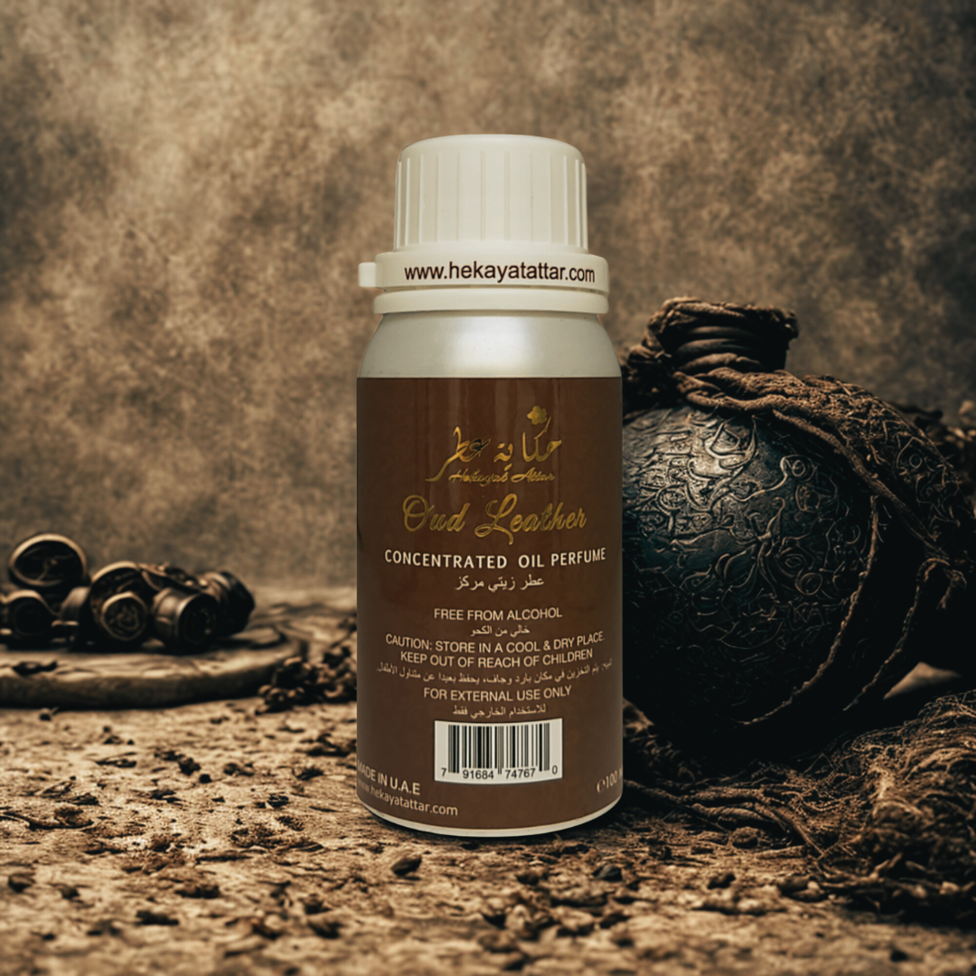 Oud Leather by Hekayat Attar Bottle with Luxury background