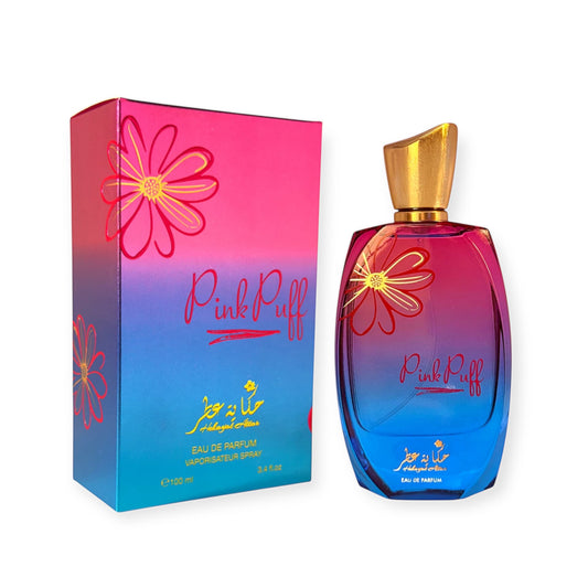Pinkpuff by Hekayat Attar bottle with packing on a white background
