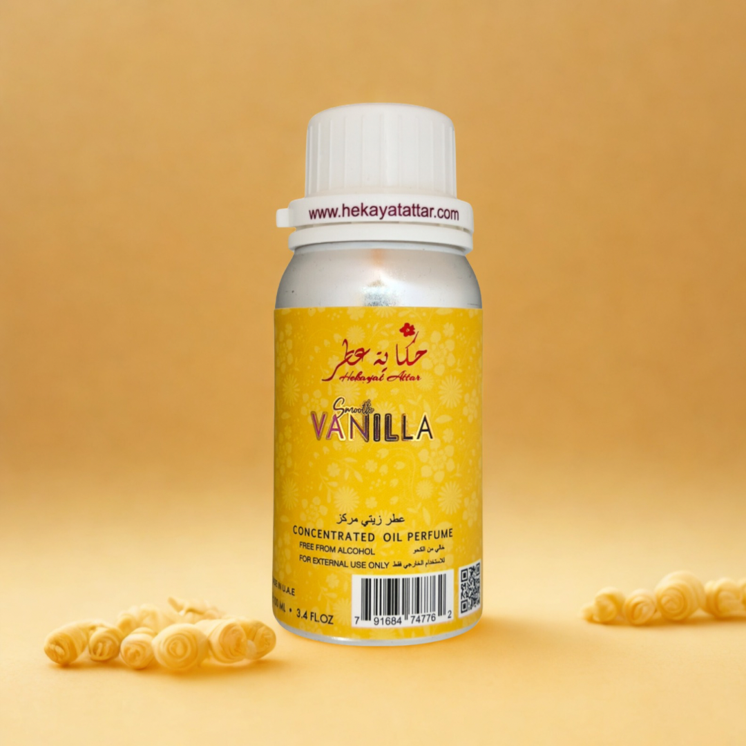 smooth vanilla Perfume Oil by Hekayat Attar bottle on a white background