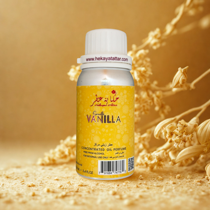 smooth vanilla Perfume Oil by Hekayat Attar bottle on a white background