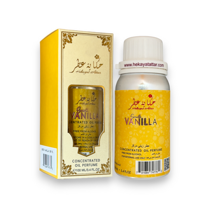 smooth vanilla Perfume Oil by Hekayat Attar bottle with packaging on a white background