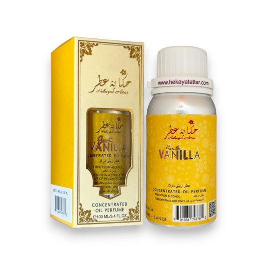 smooth vanilla Perfume Oil by Hekayat Attar bottle with packaging on a white background