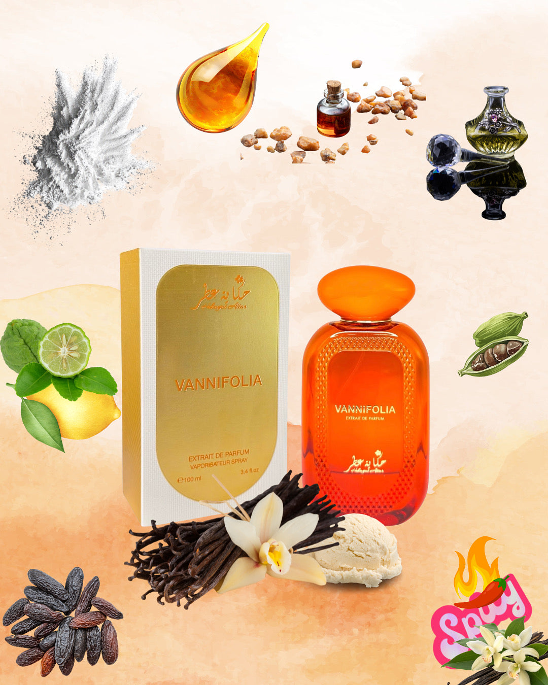 Vannifolia perfume bottle by Hekayat Attar and packaging on a white background