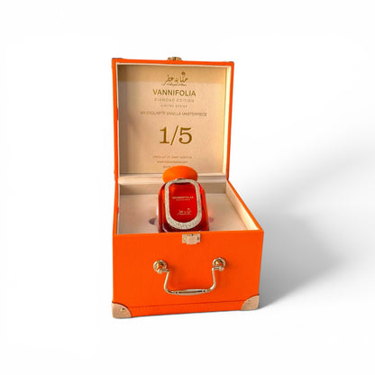 The Worlds most expensive Vanilla Perfume in an orange box with 'Vannifolia' branding on a white background