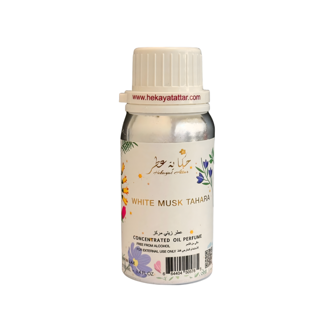 White Musk Tahara by Hekayat Attar bottle on a white background