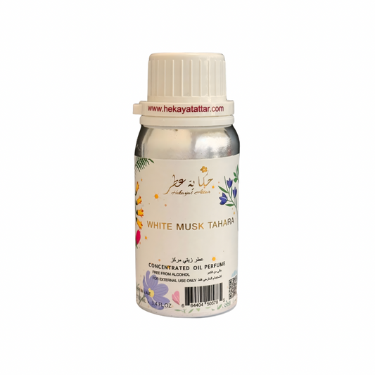 White Musk Tahara by Hekayat Attar bottle on a white background