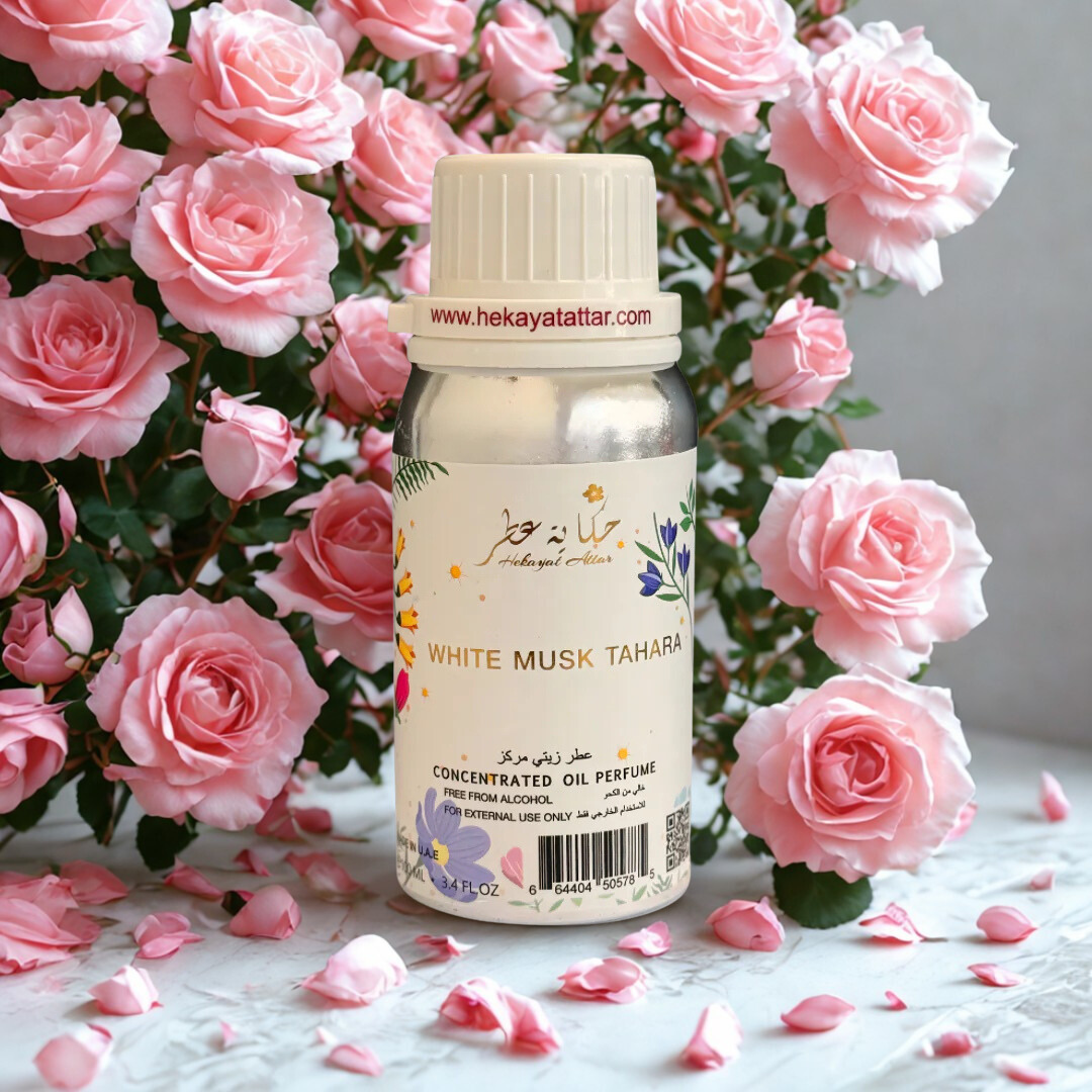 White Musk Tahara by Hekayat Attar bottle with luxury background