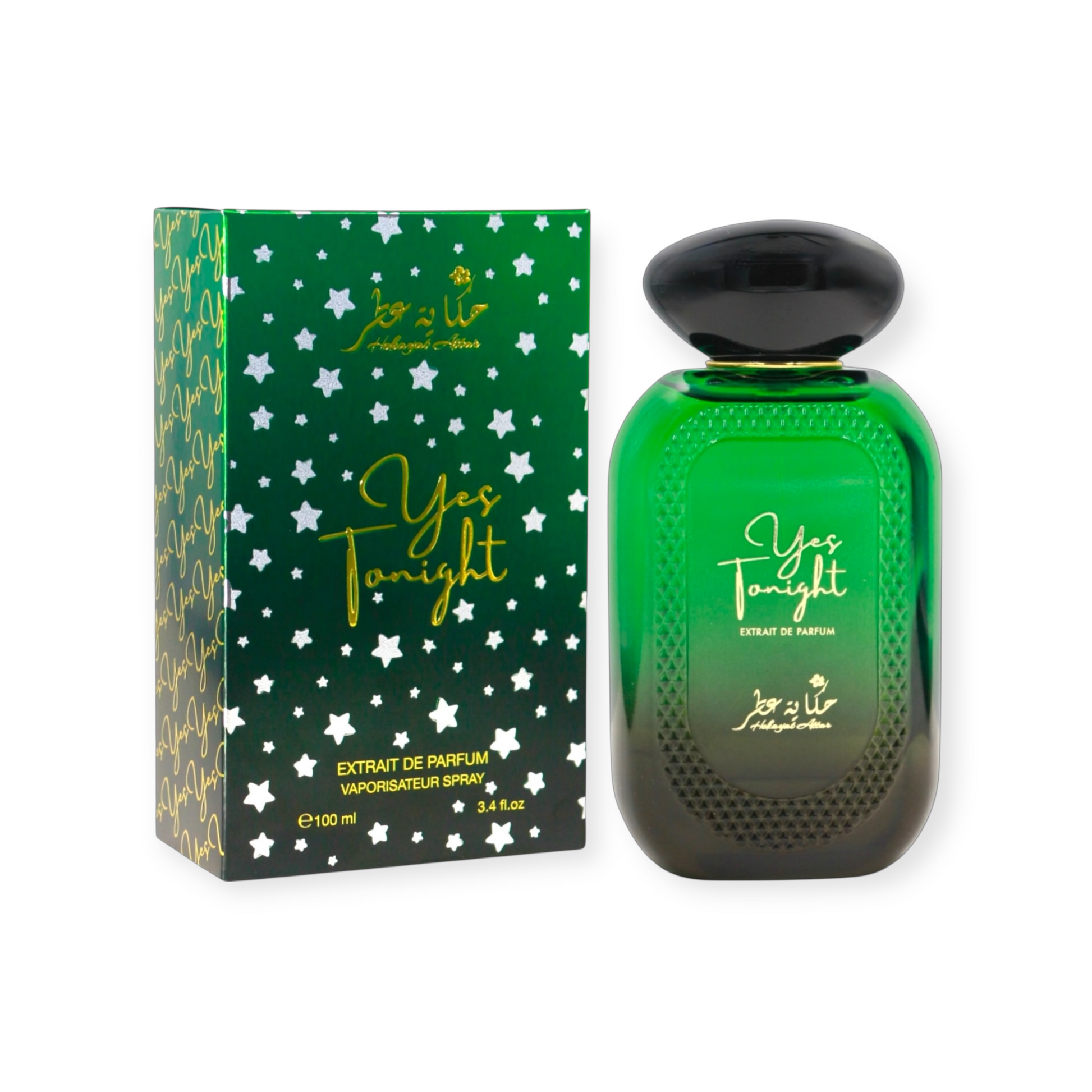 Green 'Yestonight' perfume bottle by Hekayat Attar and packaging on a white background